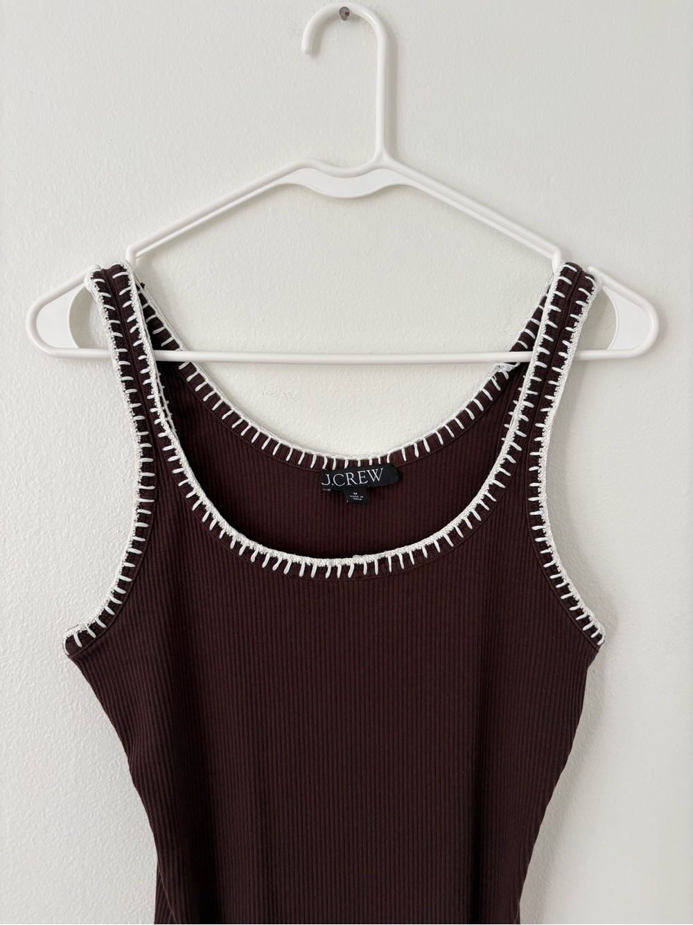 J Crew Brown Ribbed Scoop Neck White Braided Neckline Tank Top Size Medium - Picture 4 of 9